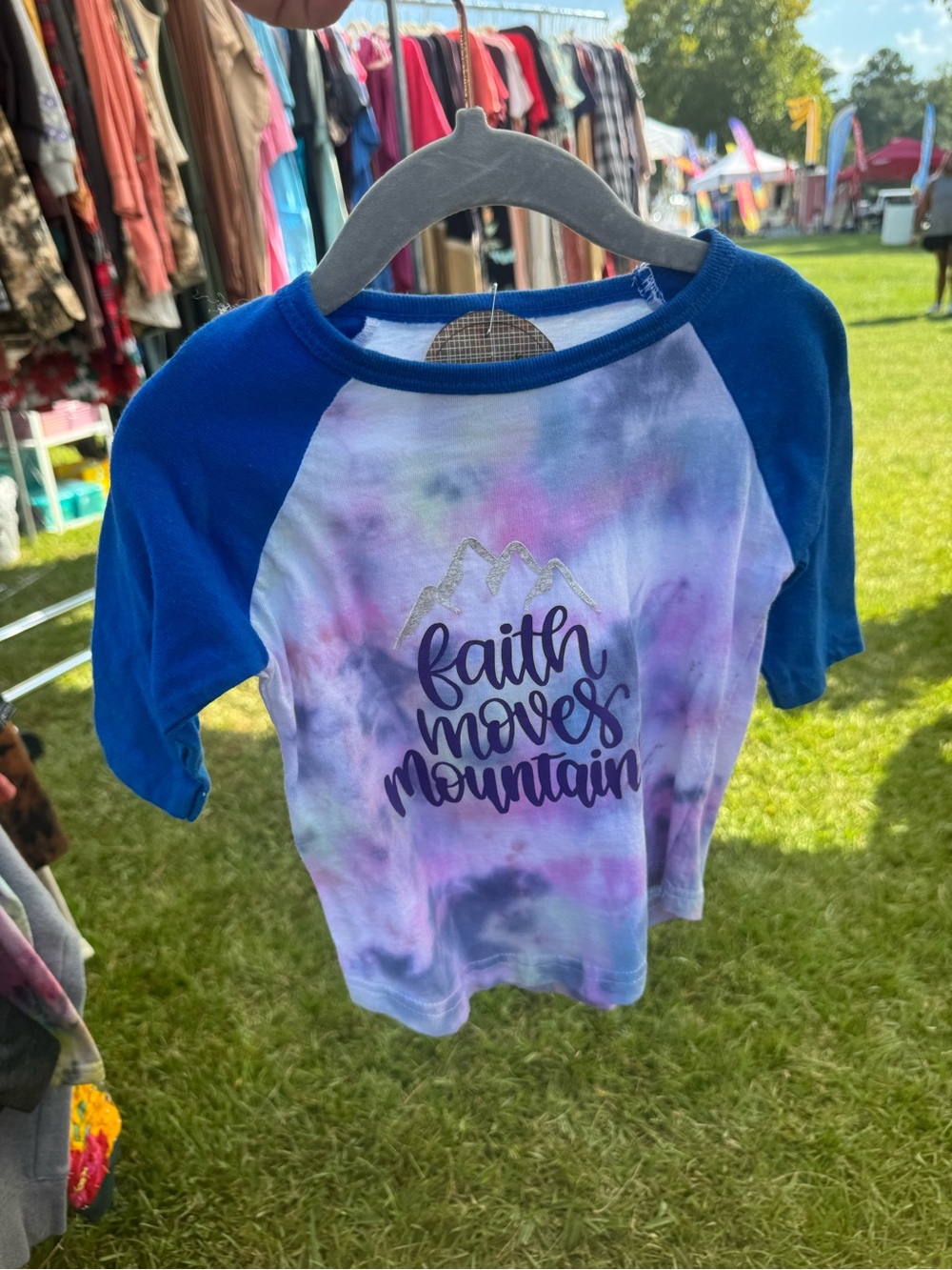 Kids "Faith Moves Mountain" Tie-Dye Raglan Tee - Blue Sleeves
